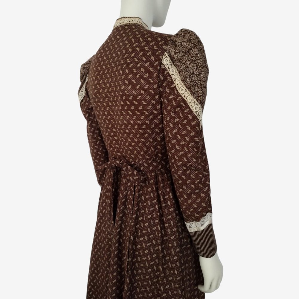 Vintage 70s Gunne Sax Brown Calico Puff Shoulder Button Down Prairie Dress - Picture 6 of 13